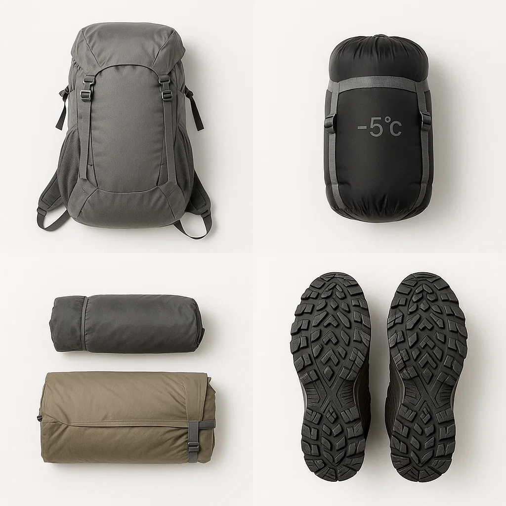 Trekking gear and prepared backpack