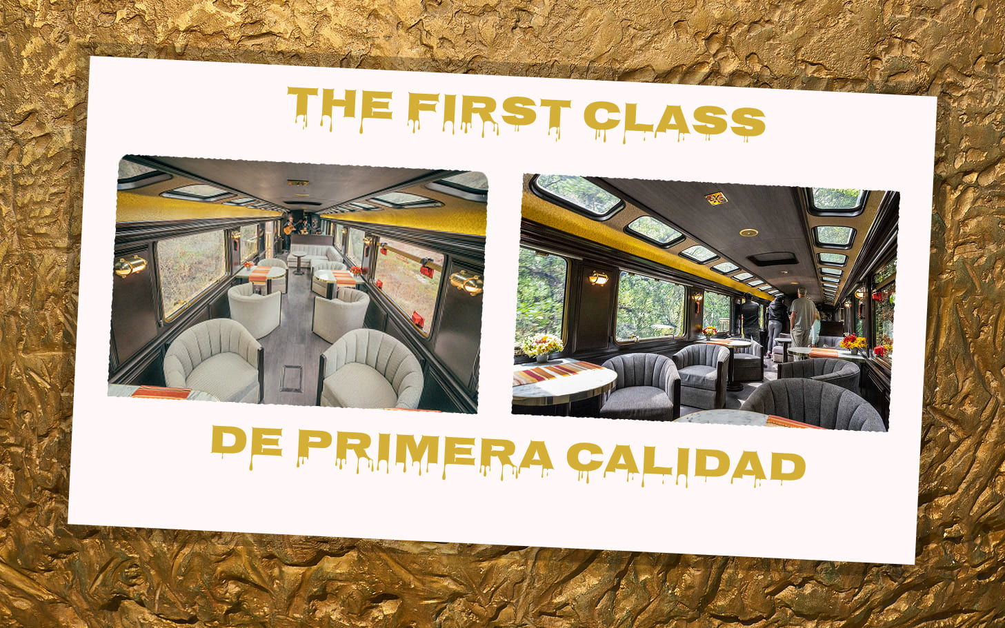 Interior del tren The First Class de Inca Rail, con asientos de lujo y servicio premium hacia Machu Picchu.