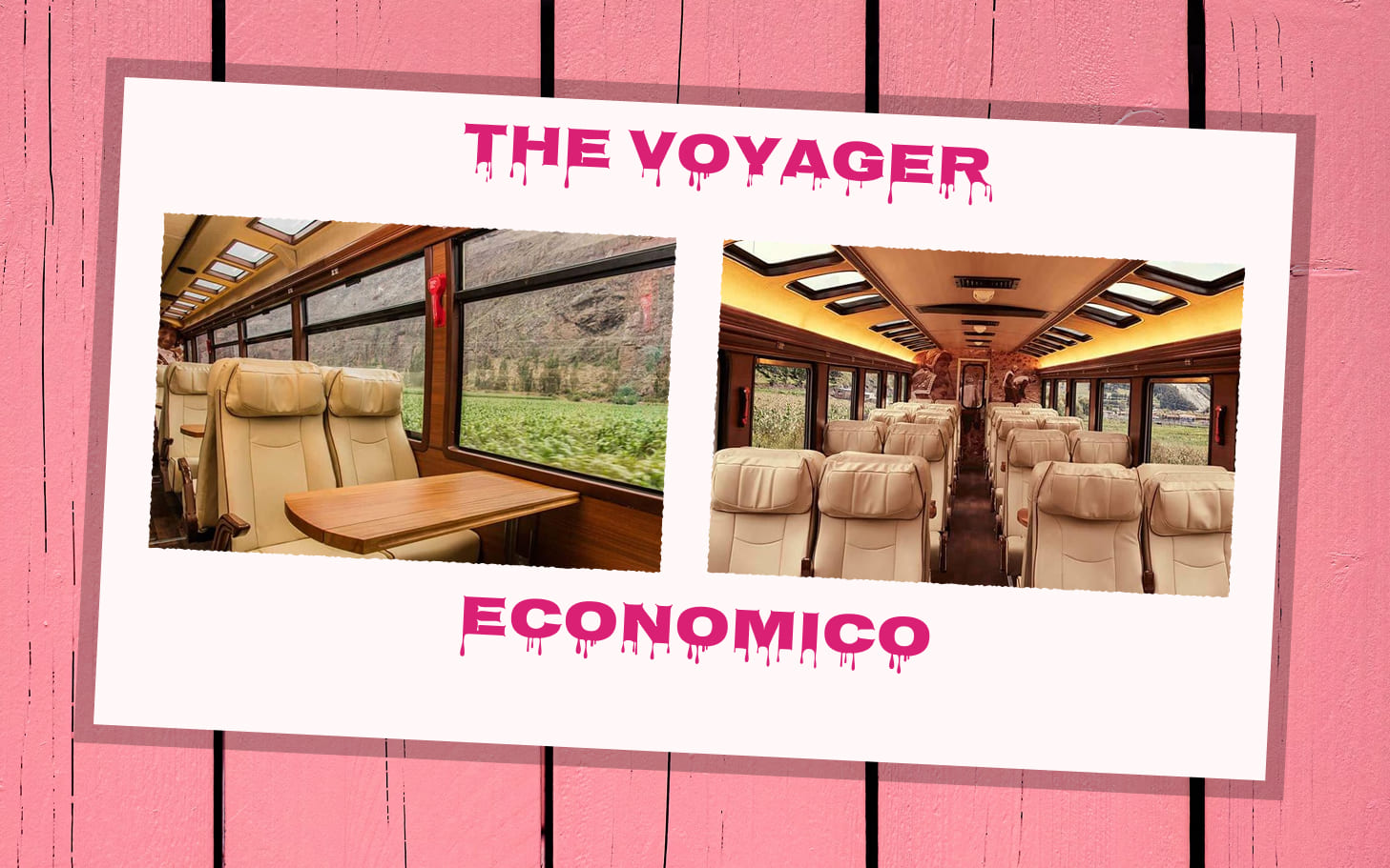 Interior del tren The Voyager de Inca Rail, opción económica con asientos cómodos y amplias ventanas hacia Machu Picchu.