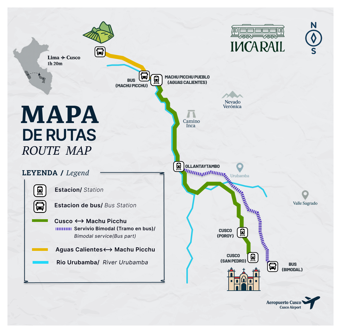 Mapa de rutas del tren Inca Rail hacia Machu Picchu.