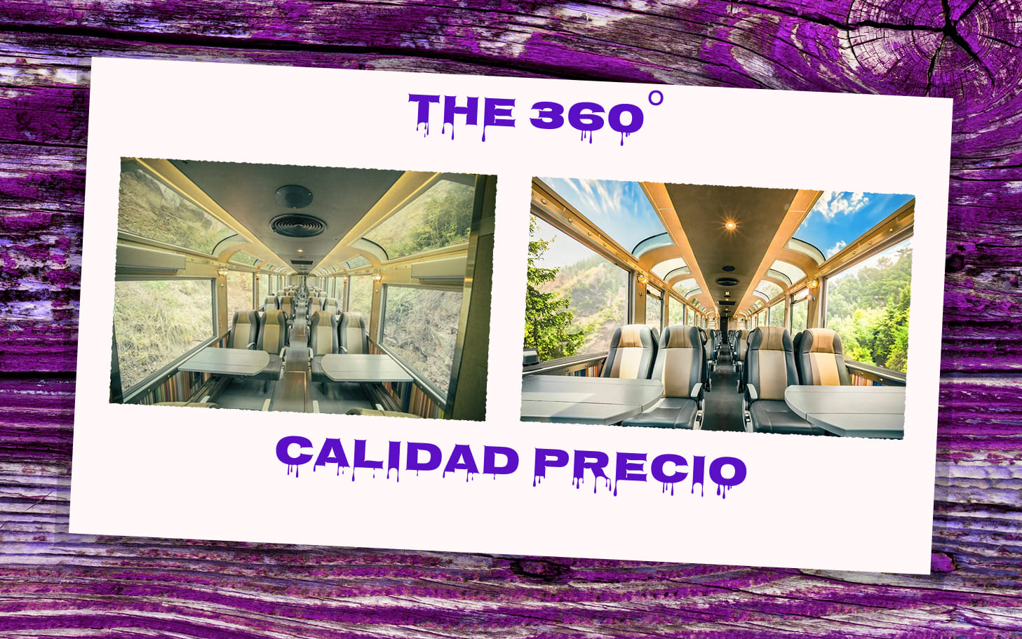 Interior del tren The 360° de Inca Rail con ventanas panorámicas y techo de cristal rumbo a Machu Picchu.