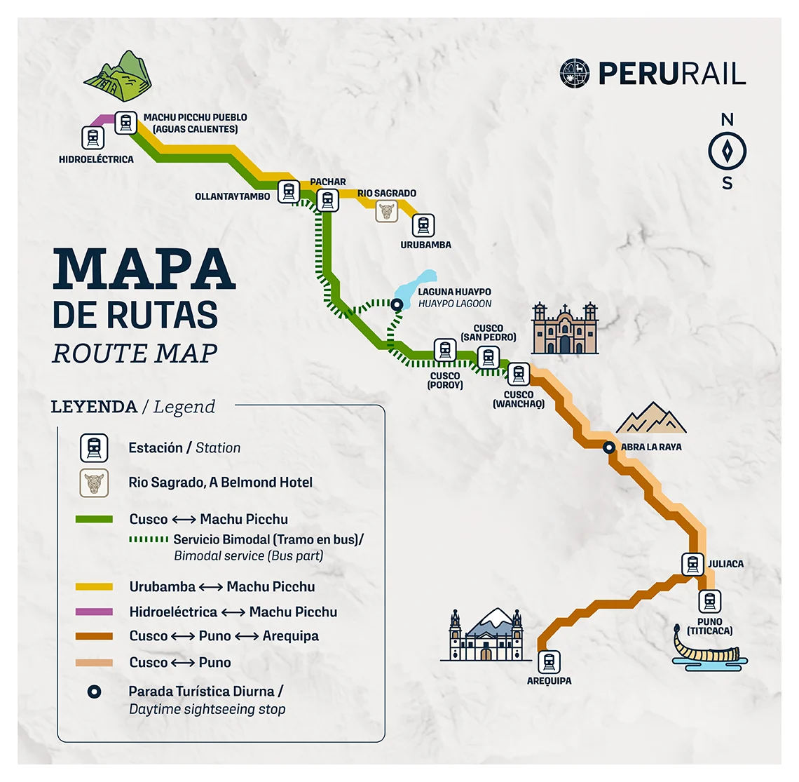 Mapa de rutas del tren Peru Rail hacia Machu Picchu