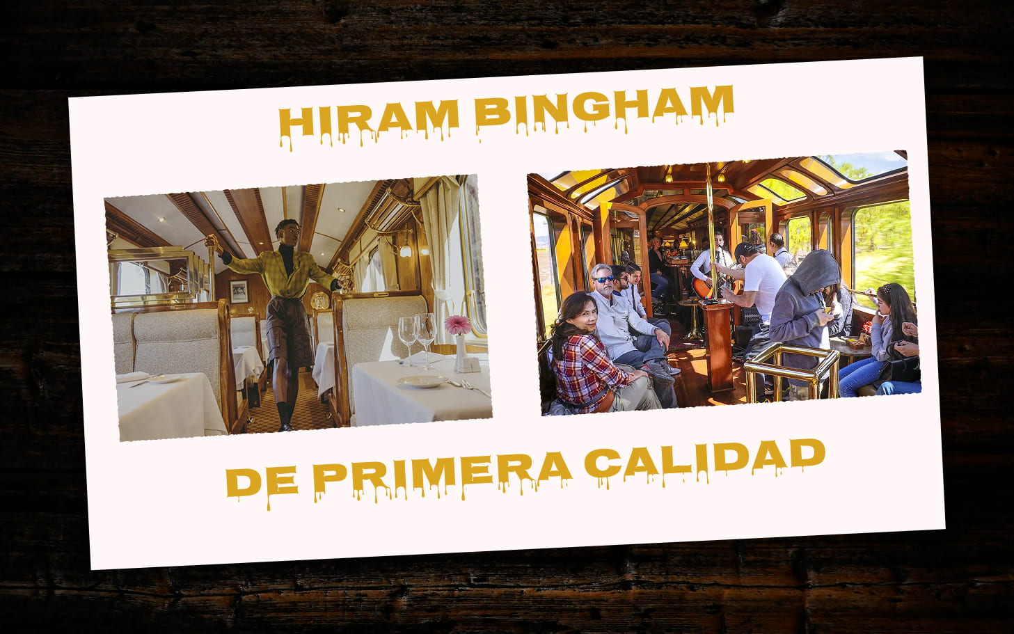 Interior del tren Hiram Bingham de PeruRail, servicio de lujo hacia Machu Picchu con decoración clásica y gastronomía gourmet.