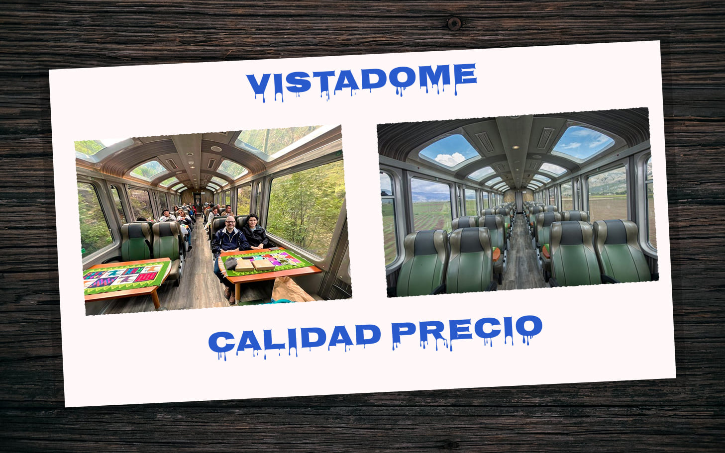 Interior del tren Vistadome de PeruRail con ventanas panorámicas en techo y laterales rumbo a Machu Picchu.